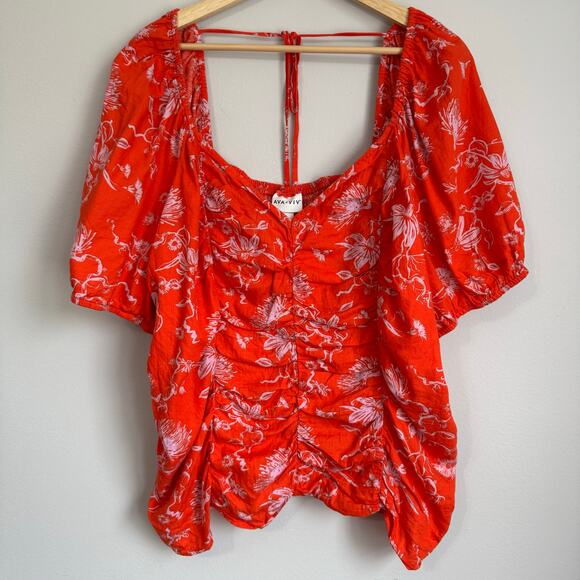 Ava & Viv Size 3X Red Floral Top Balloon Sleeve Smocked Flirty Coquette - Picture 1 of 11